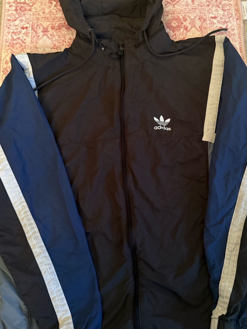 adidas Black and Navy Hooded Windbreaker with Gray Trim